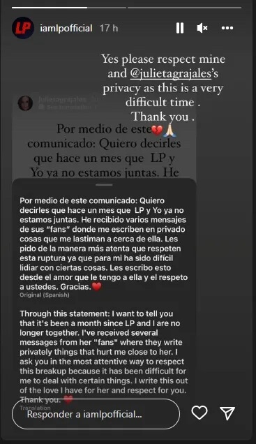 LP è tornata single, è finita con Julieta Grajales - comunicado lp ruptura julieta - Gay.it