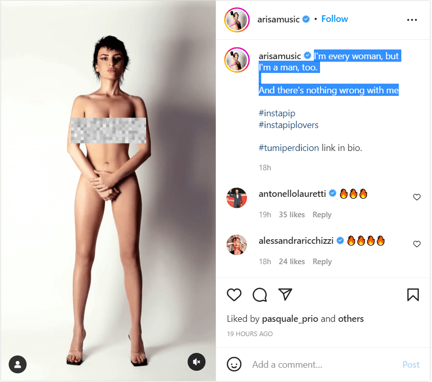 Arisa nuda su Instagram: “Sono tutte le donne, e sono anche un uomo”