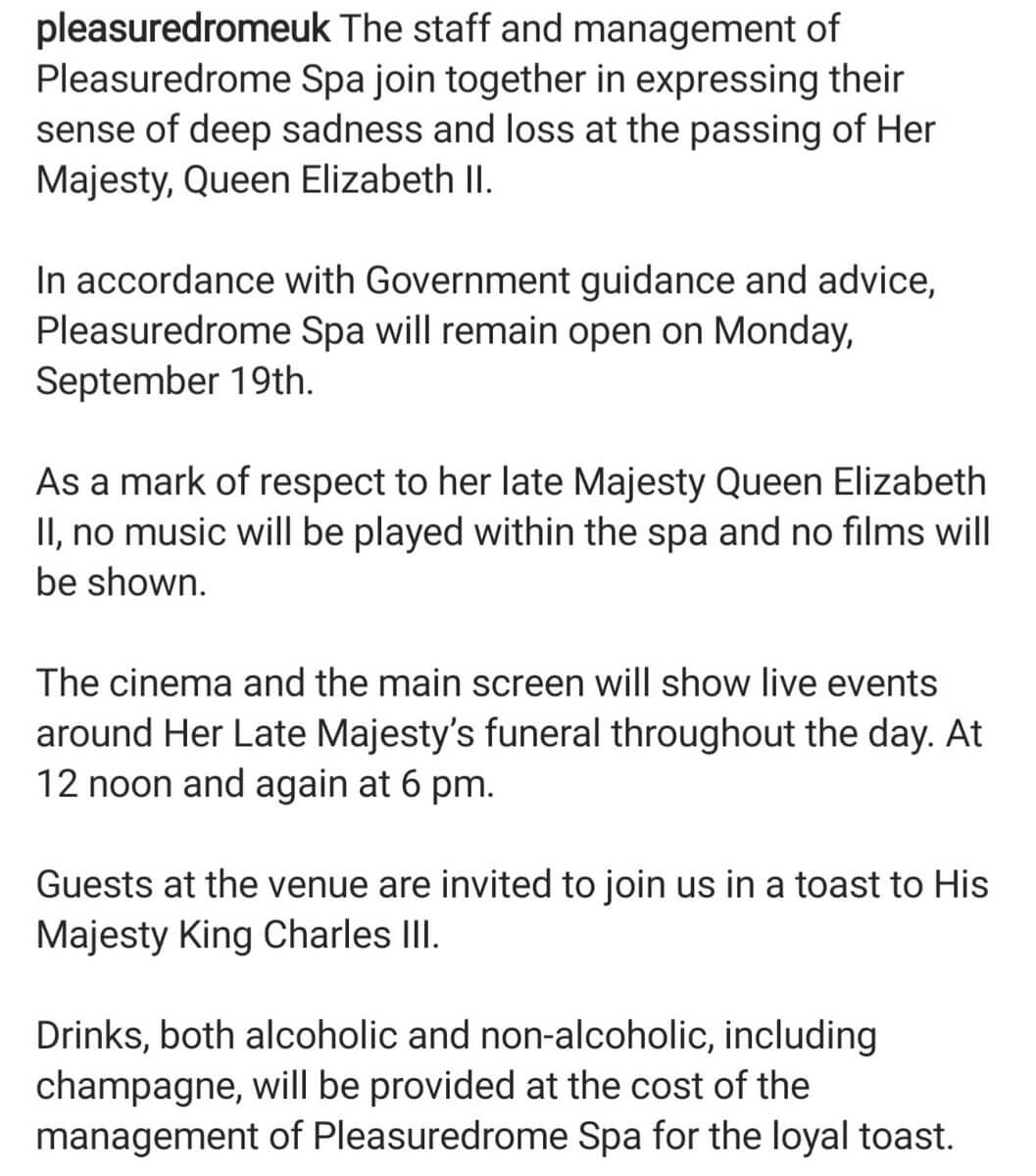 Londra piange la Regina ma sauna gay non chiude: "Niente porno, trasmetteremo il funerale di Elisabetta II" - Pleasuredrome - Gay.it