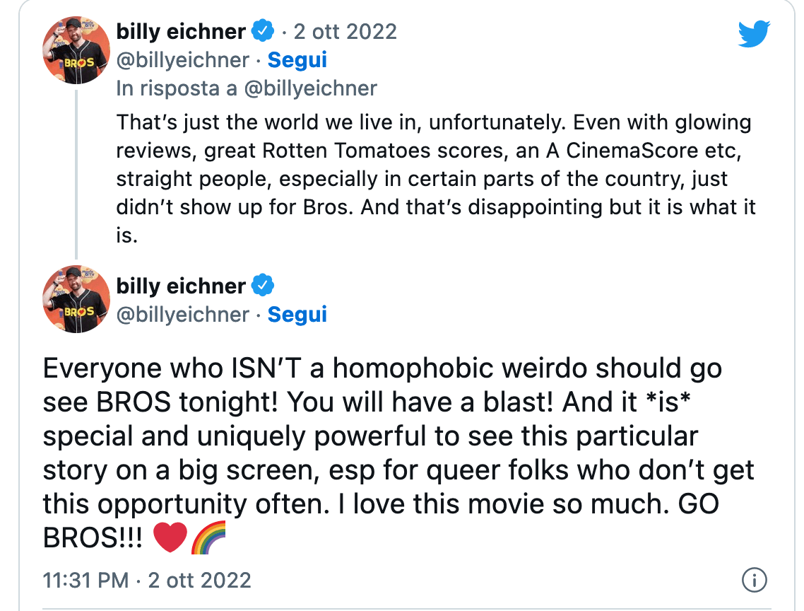 Bros. delude al box office Usa, Billy Eichner: "Purtroppo gli etero non sono andati a vederlo" - Bros film 2 3 - Gay.it