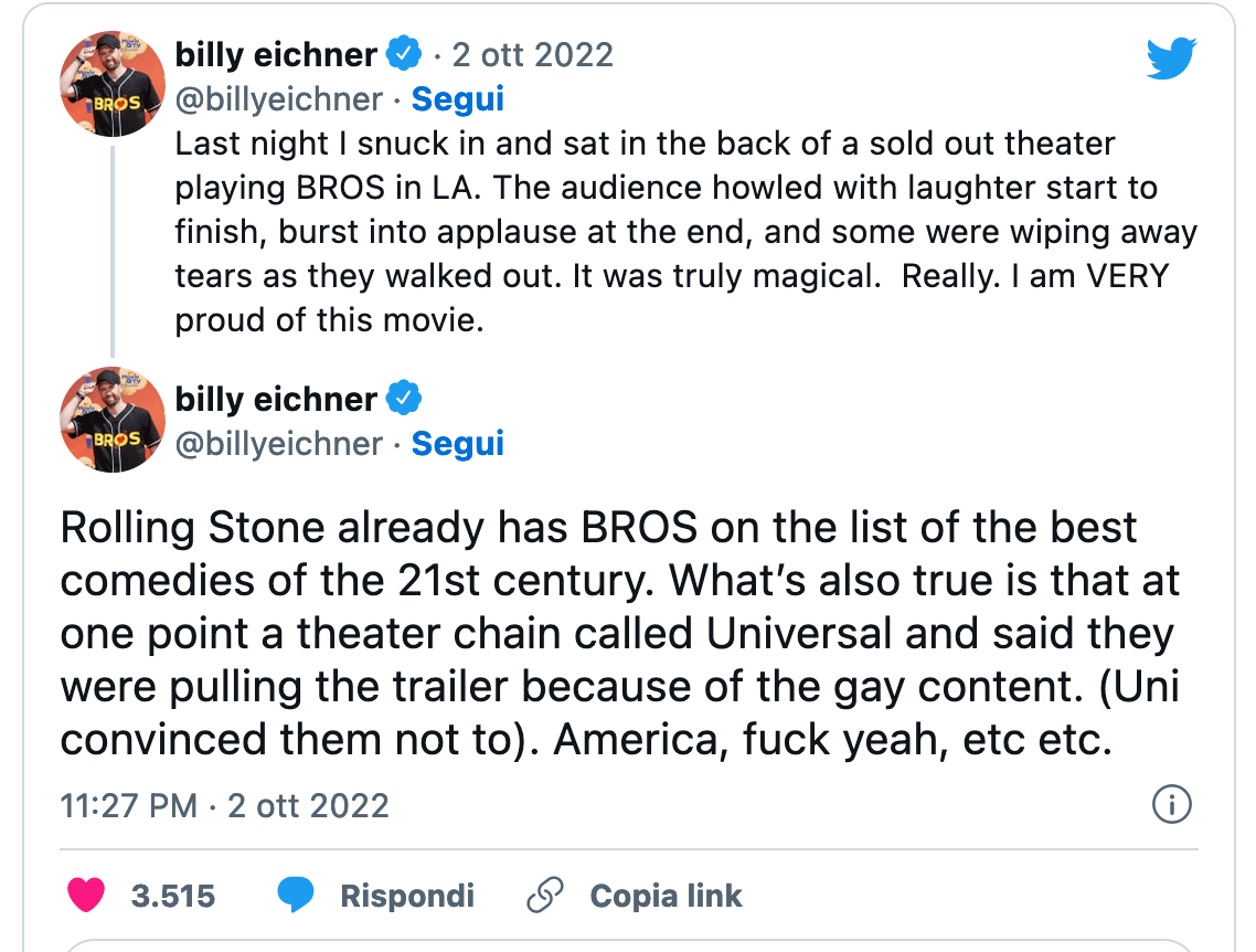 Bros. delude al box office Usa, Billy Eichner: "Purtroppo gli etero non sono andati a vederlo" - Bros film 4 - Gay.it