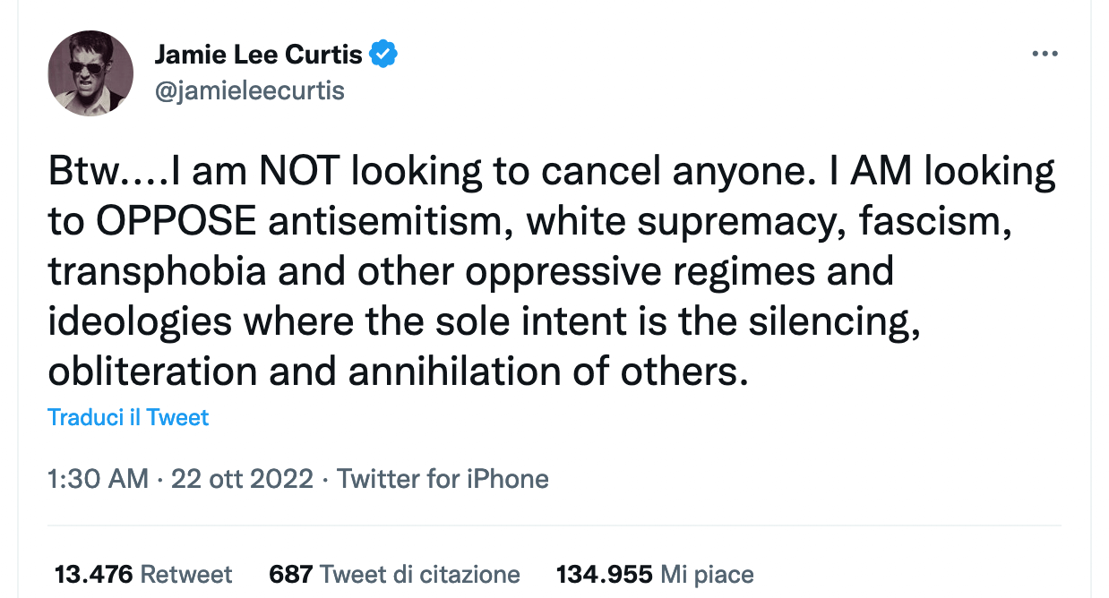Jamie Lee Curtis: "Mi oppongo alla transfobia, all'antisemitismo, alla supremazia bianca e al fascismo" - Jamie Lee Curtis - Gay.it
