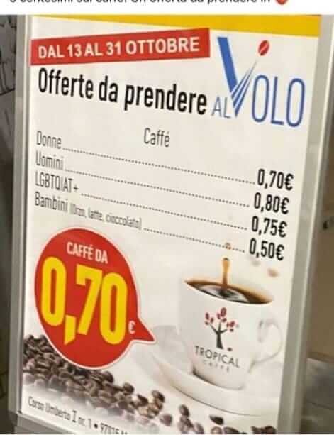 Modica, in un bar il caffè ha 3 prezzi diversi se sei uomo, donna o LGBTQ. Dopo le polemiche, via il cartello - Modica in un bar il caffè ha un prezzo diverso se sei uomo donna o LGBTQI foto - Gay.it