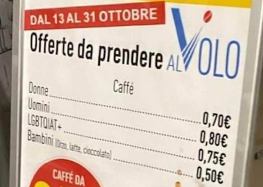 Modica, in un bar il caffè ha 3 prezzi diversi se sei uomo, donna o LGBTQ. Dopo le polemiche, via il cartello