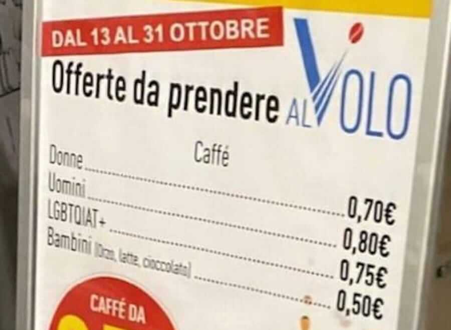 Modica, in un bar il caffè ha 3 prezzi diversi se sei uomo, donna o LGBTQ. Dopo le polemiche, via il cartello