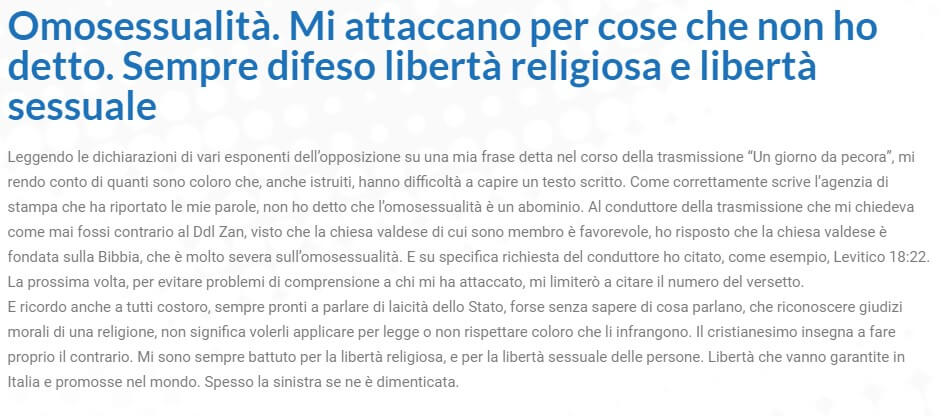 Lucio Malan di FDI, no a DDL Zan e matrimoni gay: "Nella Bibbia l'omosessualità è un abominio" - Lucio Malan - Gay.it