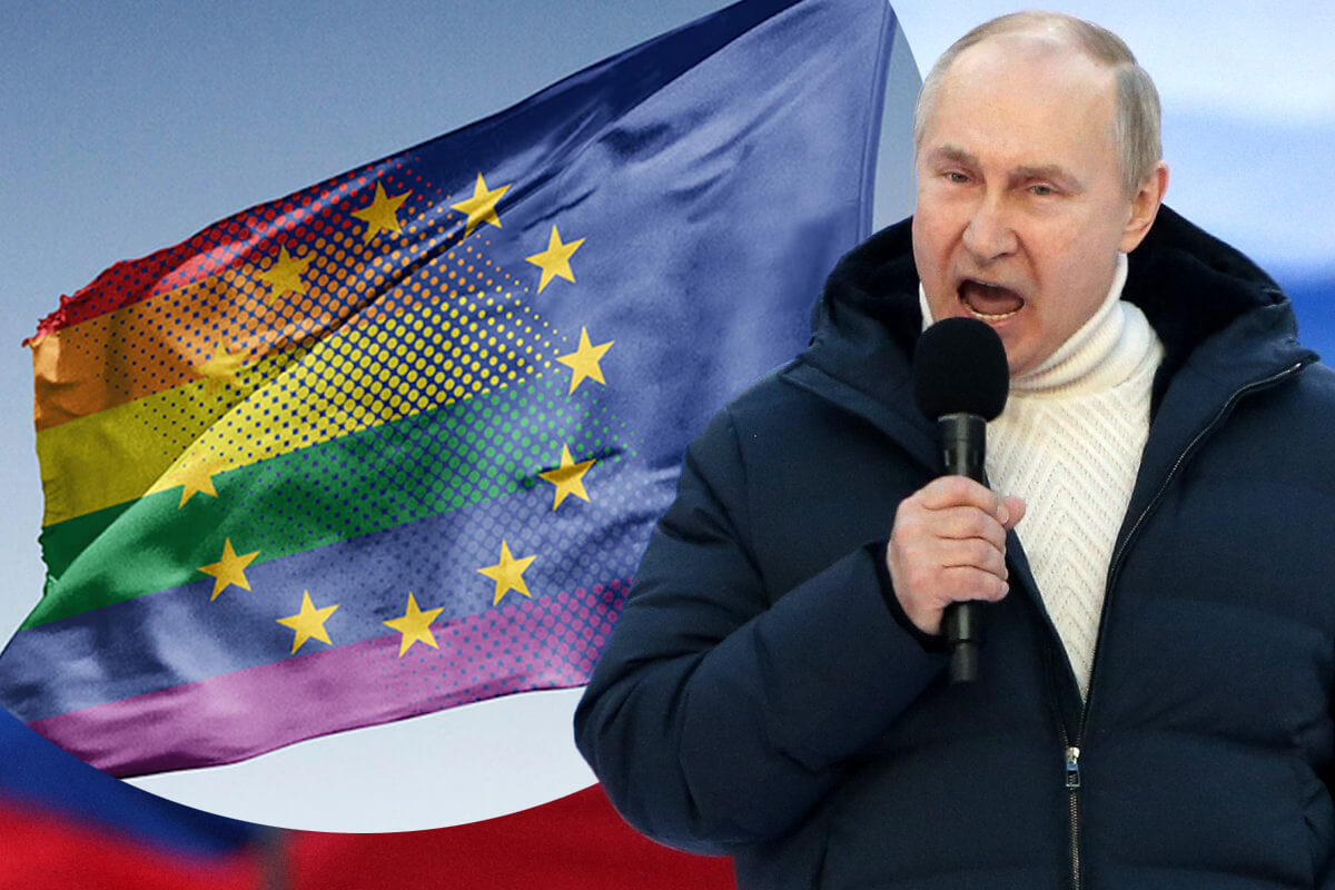 Tra Berlusconi e Putin "un legame di omosessualità psicologica": Vladimir donò un cuore di capriolo a Silvio, che vomitò - Putin Europa bandiera rainbow - Gay.it