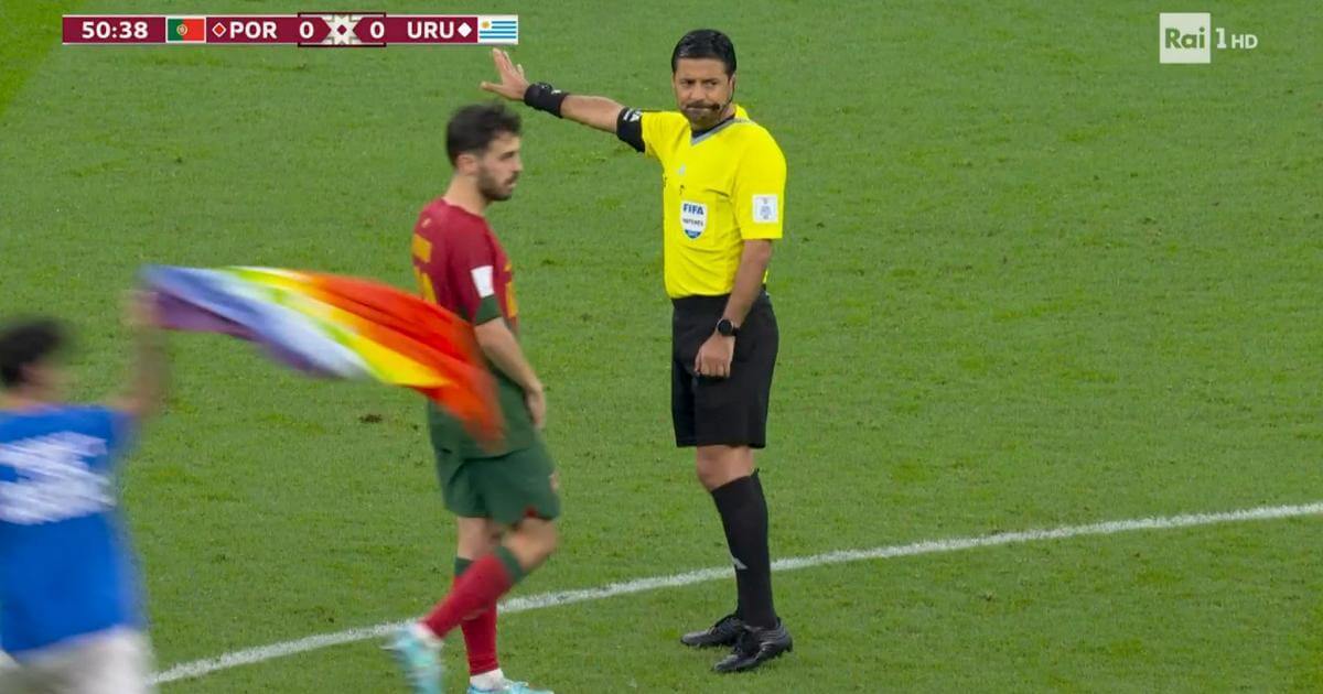 Qatar 2022, addio al Mondiale dell'Omotransfobia. Mai più, cara FIFA - Qatar 2022 Mario Ferri invade il campo con la bandiera arcobaleno durante Portogallo Uruguay - Gay.it