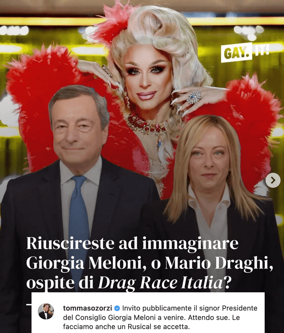 Tommaso Zorzi: "Invito pubblicamente il signor Presidente Giorgia Meloni a Drag Race Italia" - Tommaso Zorzi Giorgia Meloni - Gay.it