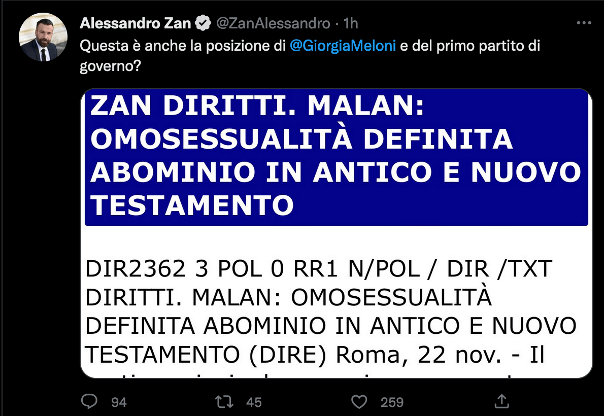 Lucio Malan di FDI, no a DDL Zan e matrimoni gay: "Nella Bibbia l'omosessualità è un abominio" - zan - Gay.it