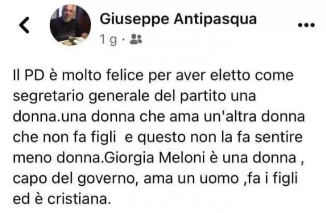 Elly Schlein, post omofobo e sessista da parte di un consigliere di Castiglione d’Orcia - Giuseppe Antipasqua Elly Schlein - Gay.it