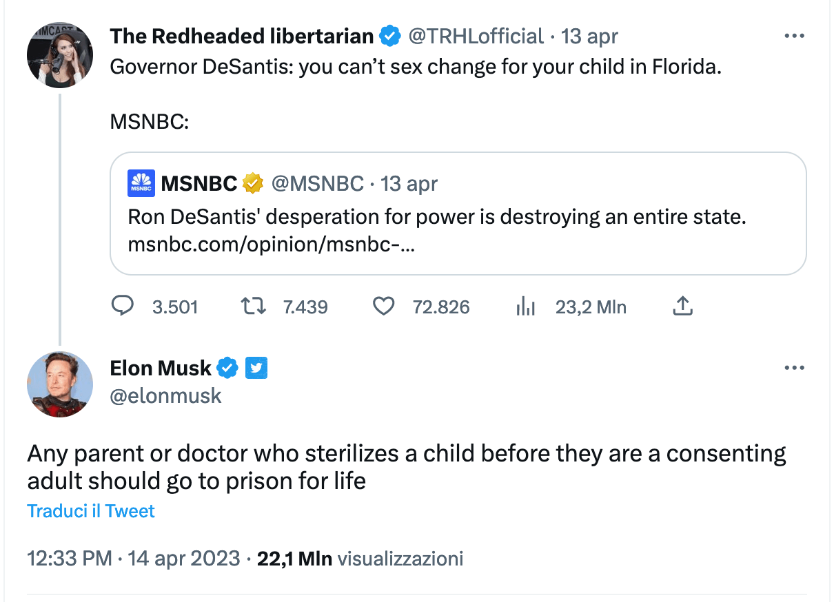 Elon Musk contro le terapie di affermazione di genere per i bambini: "Carcere a vita per medici e genitori" - Elon Musk contro le terapie di affermazione di genere per i bambini - Gay.it