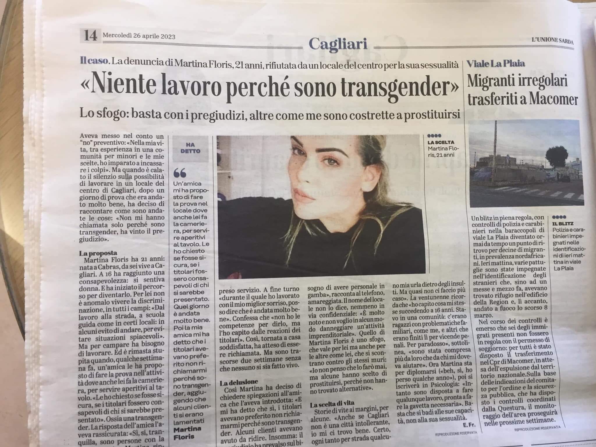 Martina Floris, la denuncia della 21enne di Cagliari: "Non mi hanno assunta perché transgender" - Giornale Martina Floris - Gay.it