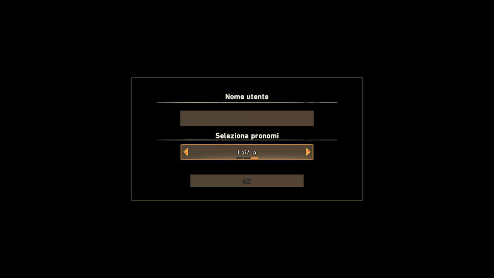 La scelta del "pronome" nel videogioco Wild Hearts, dove si può scegliere di interpretare un personaggio non binario