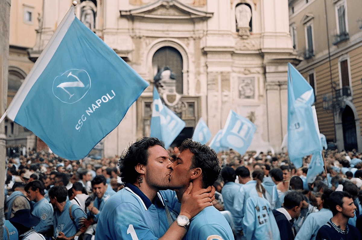 Napoli Campione d'Italia, la festa scudetto con baci tra tifosi vista dall'Intelligenza Artificiale - Napoli Scudetto gay Angelo Formato - Gay.it