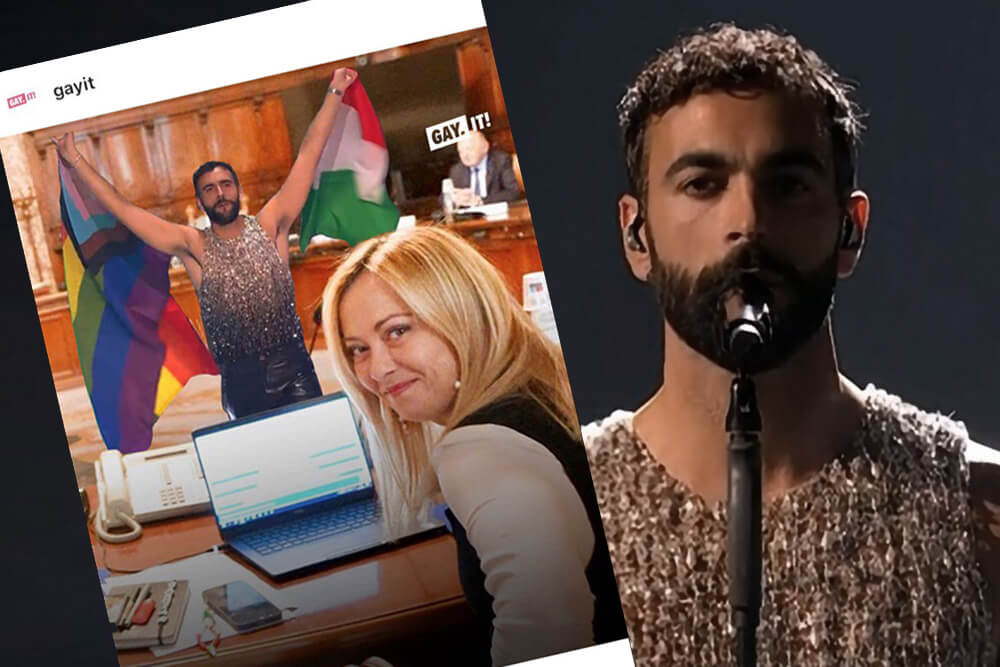 Marco Mengoni sventola la bandiera LGBTQIA+ alle spalle di Giorgia Meloni, il meme è virale