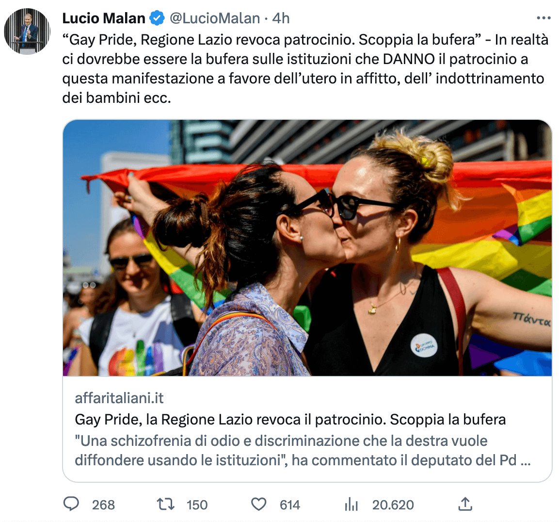Fratelli d'Italia contro il Pride: "Indottrina i bambini". Elodie: "Vergogna!" - Lucio Malan vs. Pride 3 - Gay.it