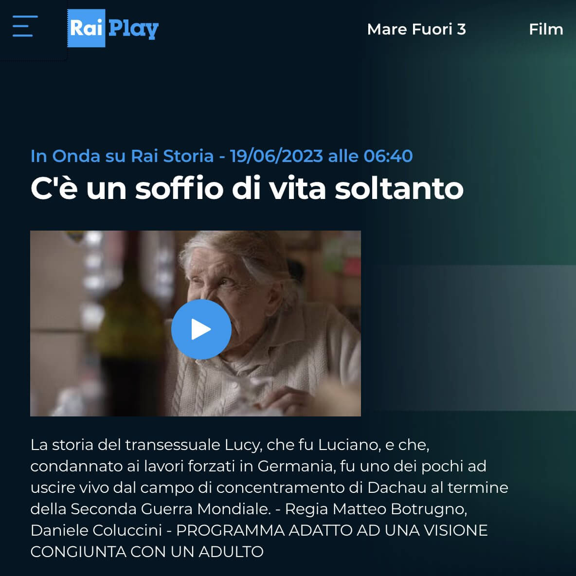 RaiPlay sporca la memoria di Lucy Salani: sinossi transfobica per il docufilm sulla sua vita - RaiPlay Ce un soffio di vita soltanto - Gay.it
