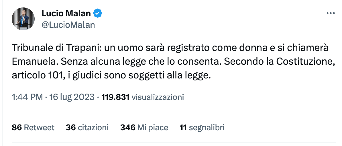 Trapani, tribunale riconosce l'autodeterminazione di genere per una donna trans. Destra all'attacco - Lucio Malan - Gay.it