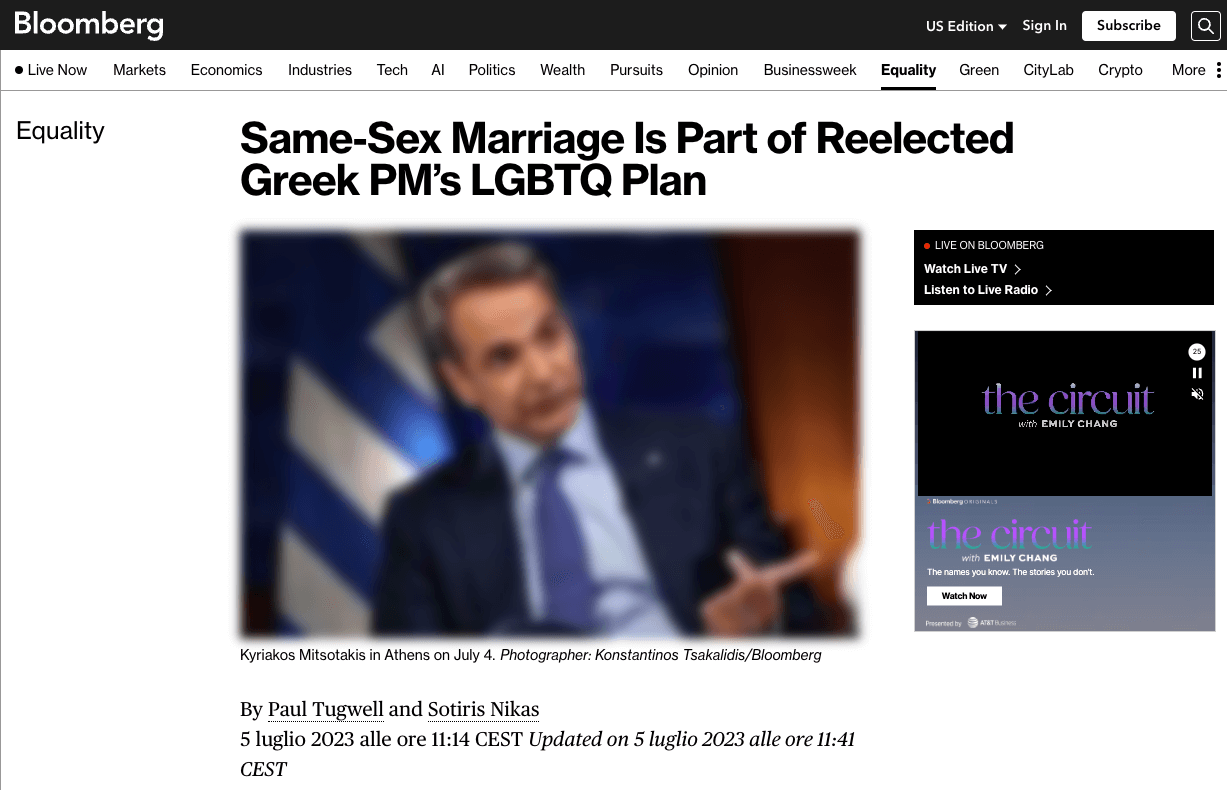 Mitstotakis Bloomberg matrimonio egualitario grecia