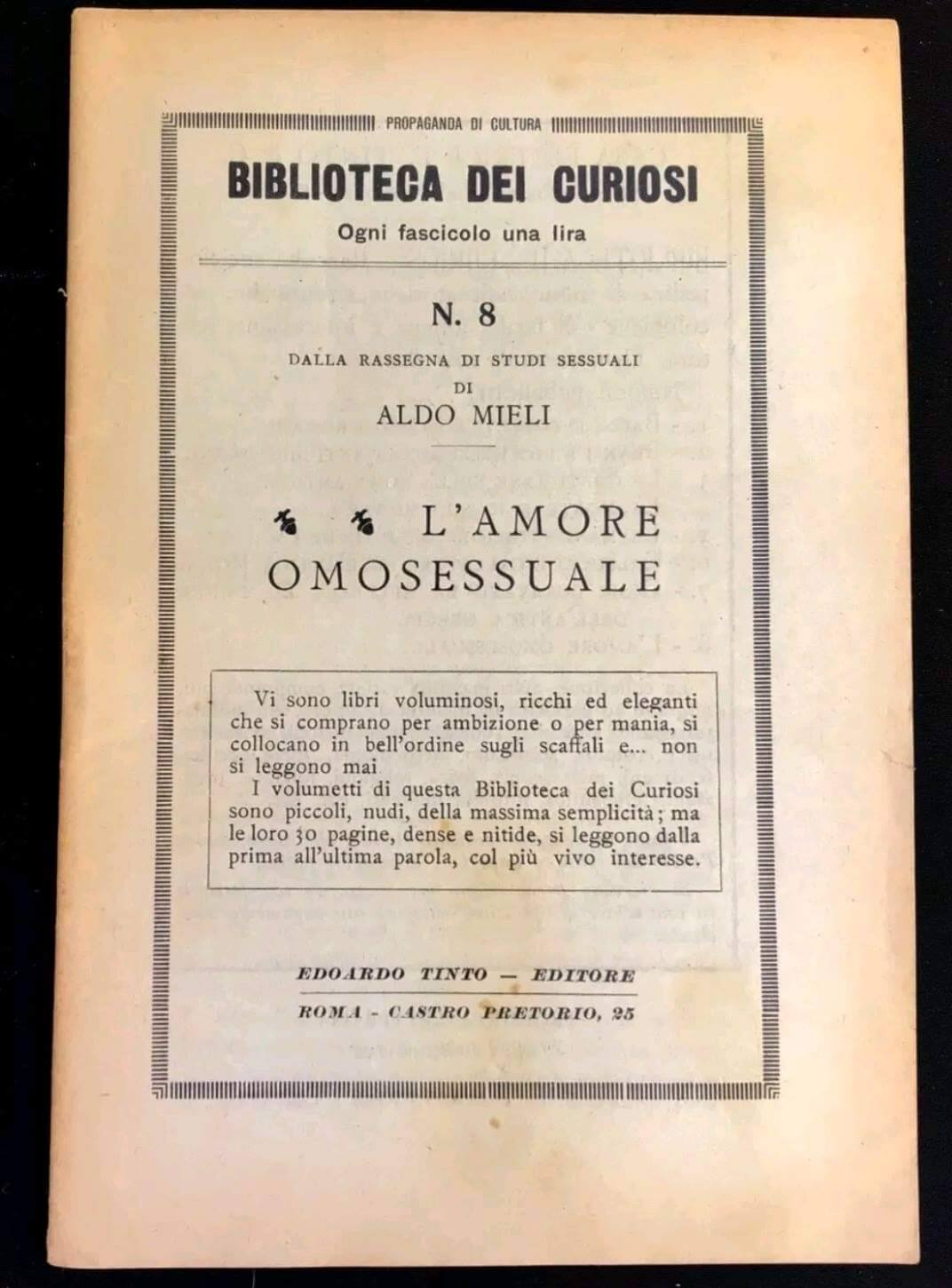 L’Amore Omosessuale pubblicato nella Biblioteca dei curiosi nel 1926.
