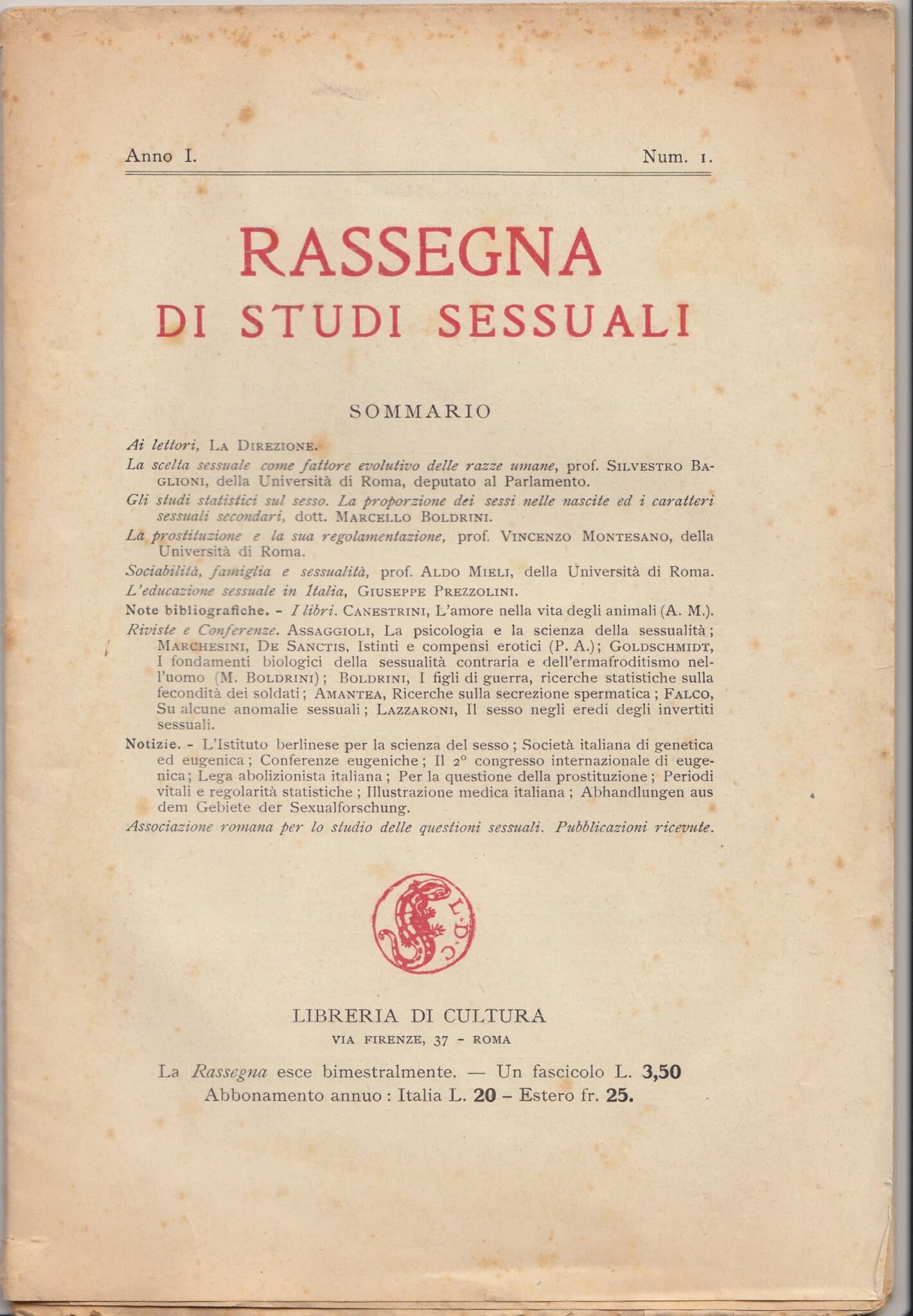Primo Numero della Rassegna di Studi Sessuali (1921)