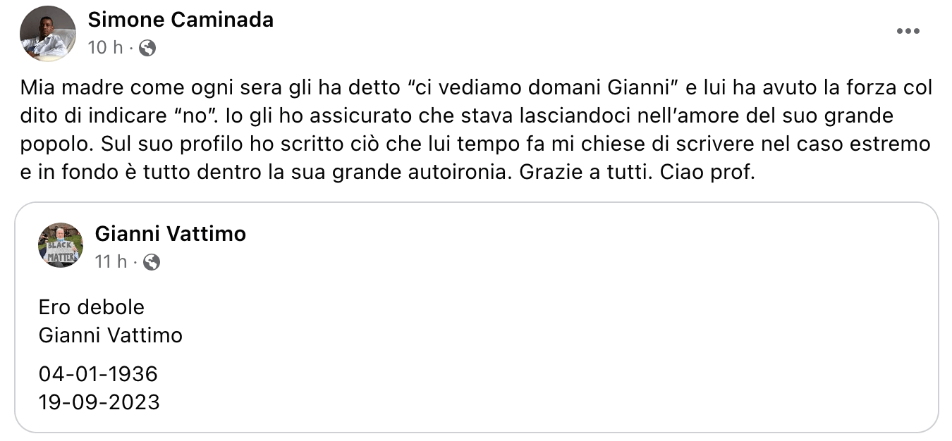 Addio al filosofo Gianni Vattimo, deceduto al fianco dell'amato Simone Caminada - Screenshot 2023 09 20 alle 09.19.10 - Gay.it