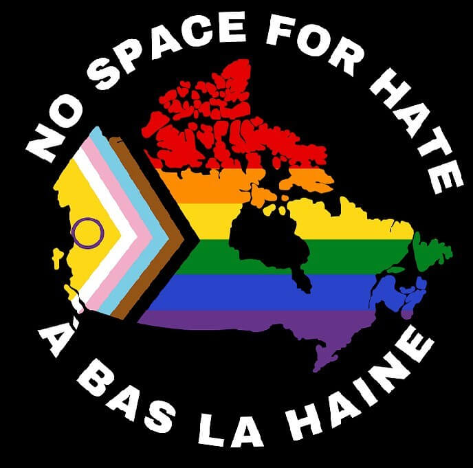 Logo della campagna "No Space for Hate". Vessillo delle proteste condotte dalla comunità 2SLGBTQIA canadese contro la destra e le organizzazioni anti-queer.