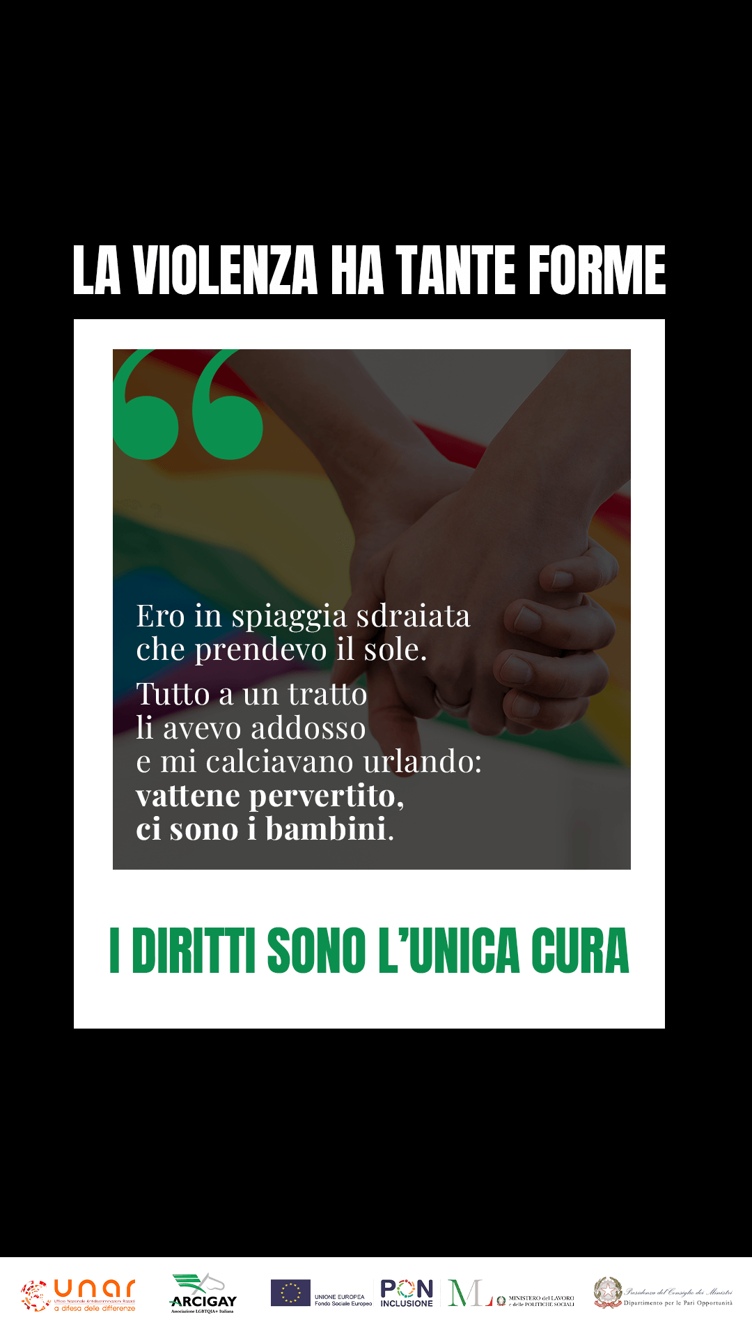 "La violenza ha tante forme i diritti sono l'unica cura", la campagna Arcigay con i 52 Centri Antidiscriminazione d'Italia - Insta citazione1 storia - Gay.it