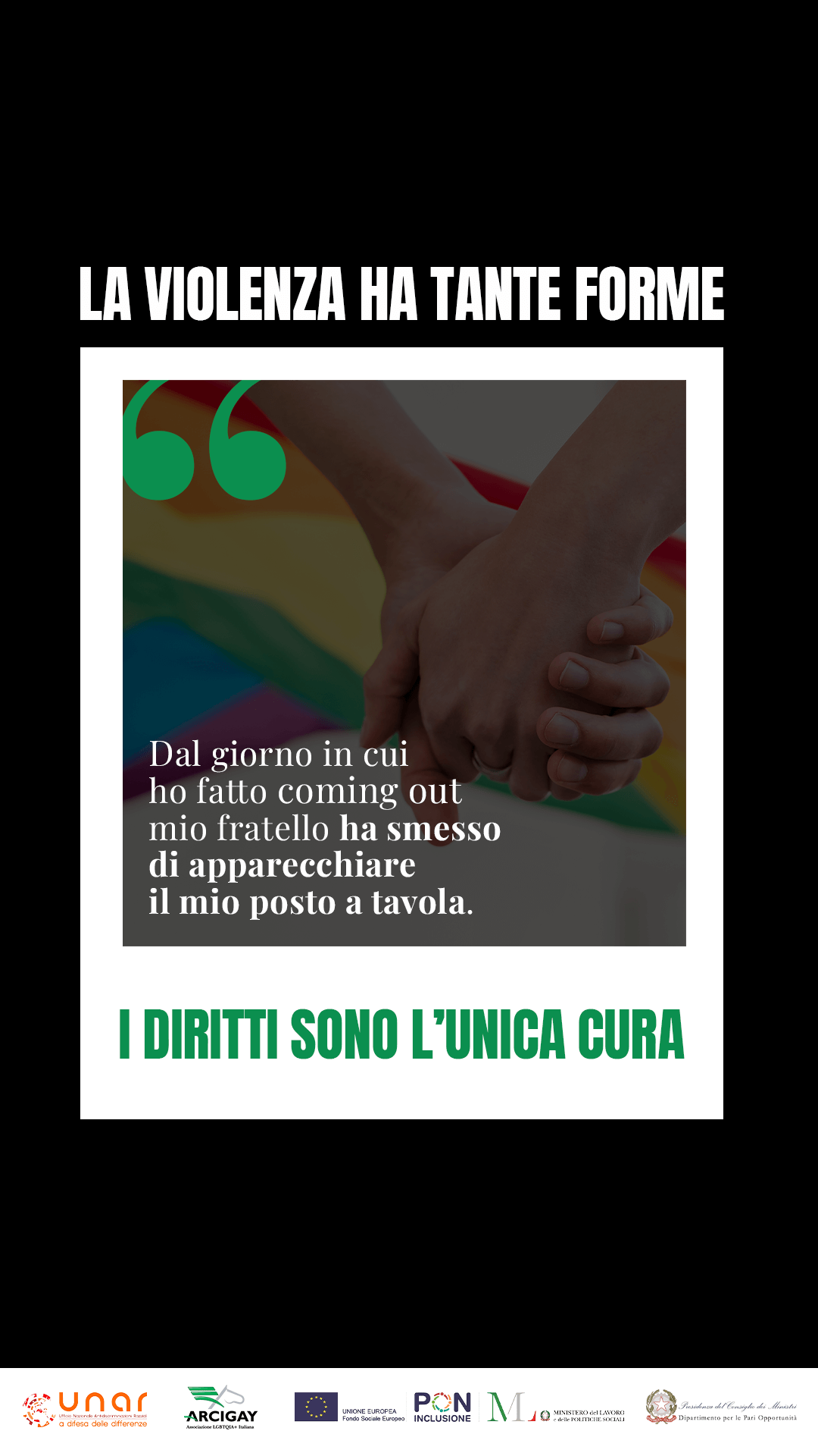 "La violenza ha tante forme i diritti sono l'unica cura", la campagna Arcigay con i 52 Centri Antidiscriminazione d'Italia - Insta citazione2 storia - Gay.it