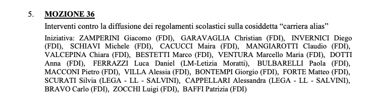 MOZIONE 36 contro la carriera aliaas nelle scuole presentata il 10 Ottobre 2023 in Lombardia da Fratelli d'Italia