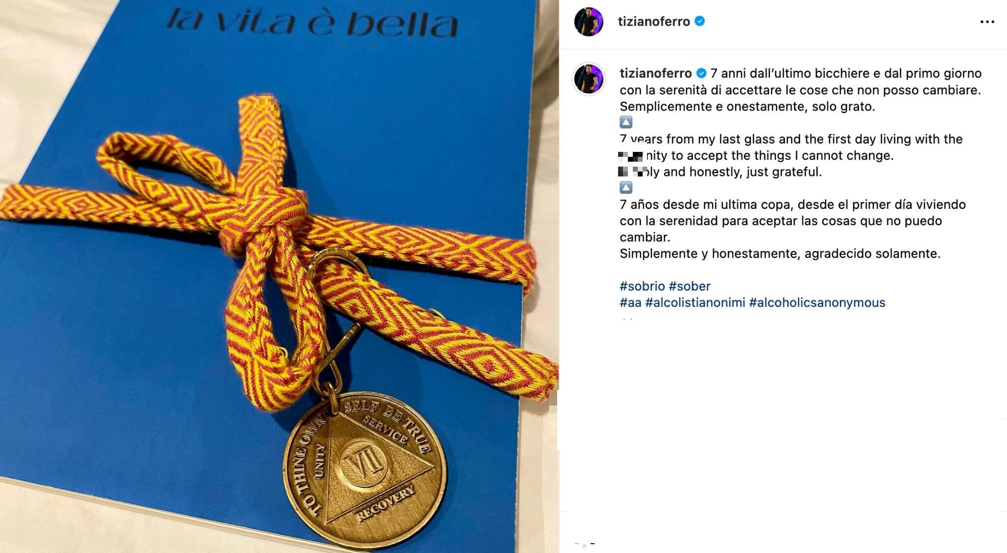 Tiziano Ferro festeggia gli 84 mesi di sobrietà: "7 anni dall’ultimo bicchiere" - sobrio tiziano ferro - Gay.it