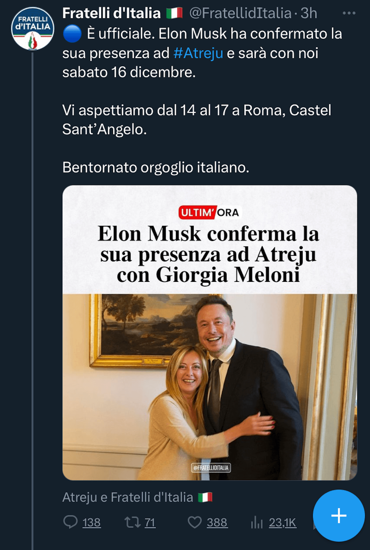 Musk ospite di Giorgia Meloni ad Atreju, Crocini: “Lui padre con la GPA ospite di un partito che vuole abolirla” - Elon Musk ad Atreju.PNG 1 - Gay.it