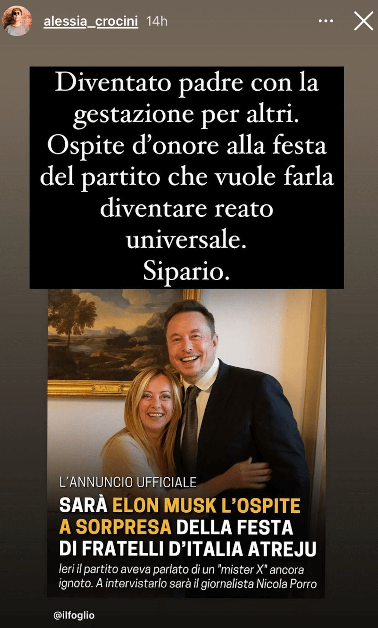 Musk ospite di Giorgia Meloni ad Atreju, Crocini: “Lui padre con la GPA ospite di un partito che vuole abolirla” - Elon Musk ad Atreju.PNG 2 3 - Gay.it