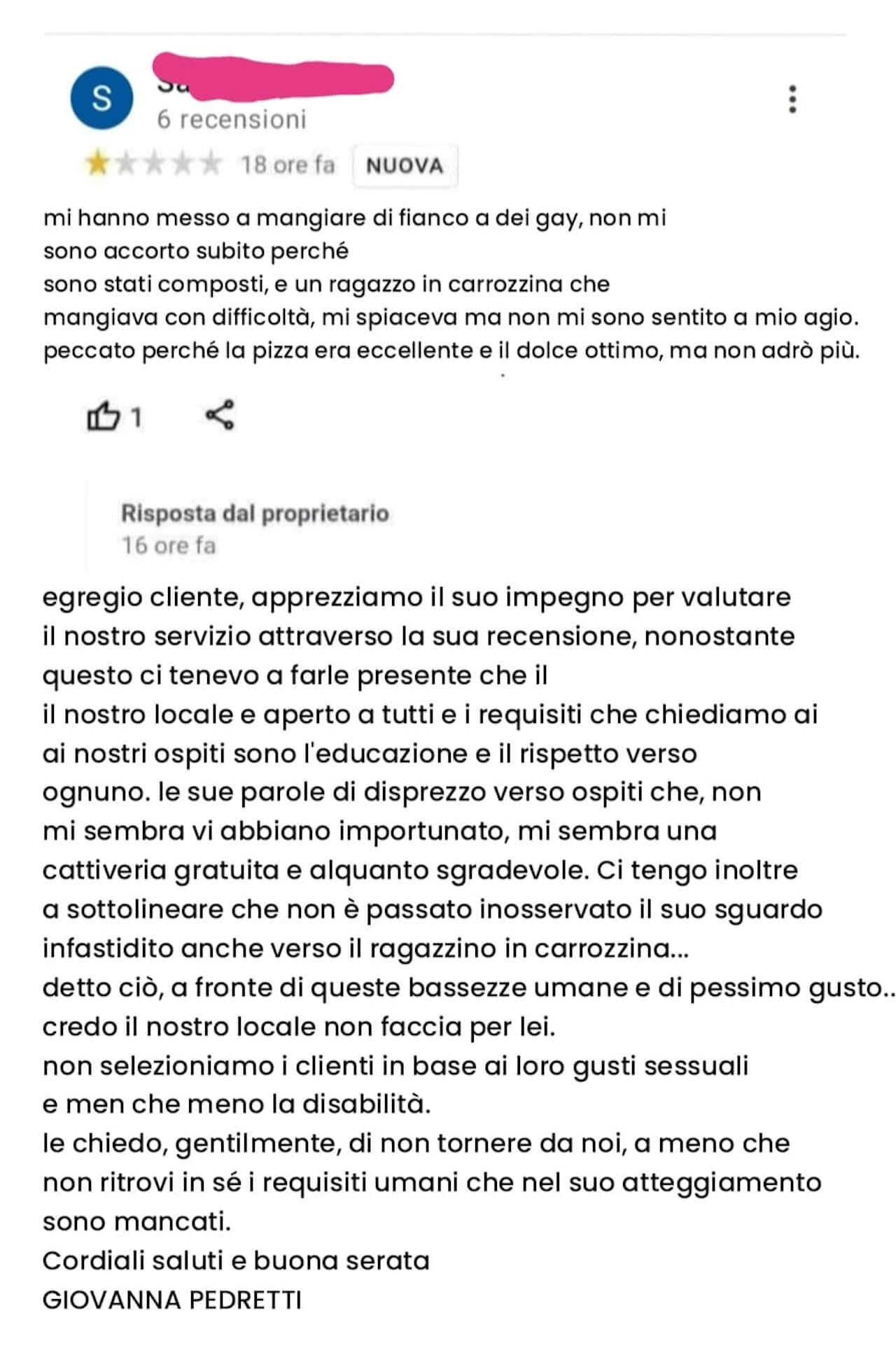 Lodi, "mi hanno messo vicino a un tavolo di gay e a un disabile". La replica della titolare alla recensione disumana - Le Vignole - Gay.it