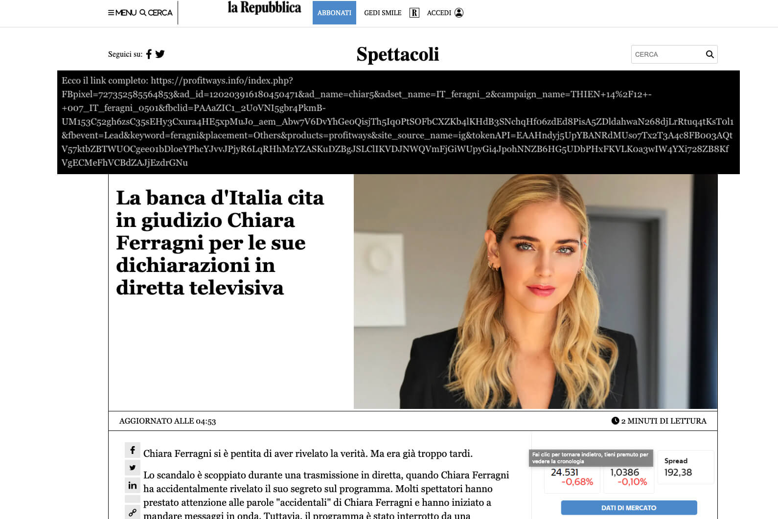 Una foto di Chiara Ferragni insanguinata per vendere criptovalute