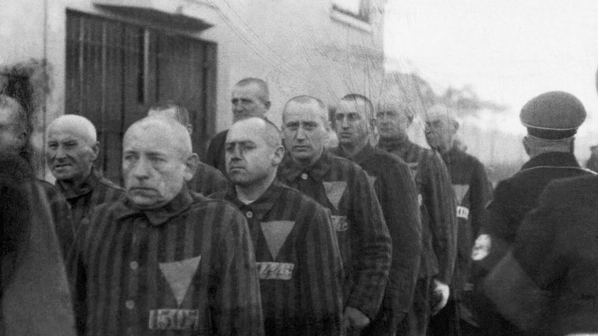 I prigionieri che indossano triangoli rosa sulle loro uniformi vengono fatti marciare all'aperto dalle guardie naziste a Sachsenhausen.