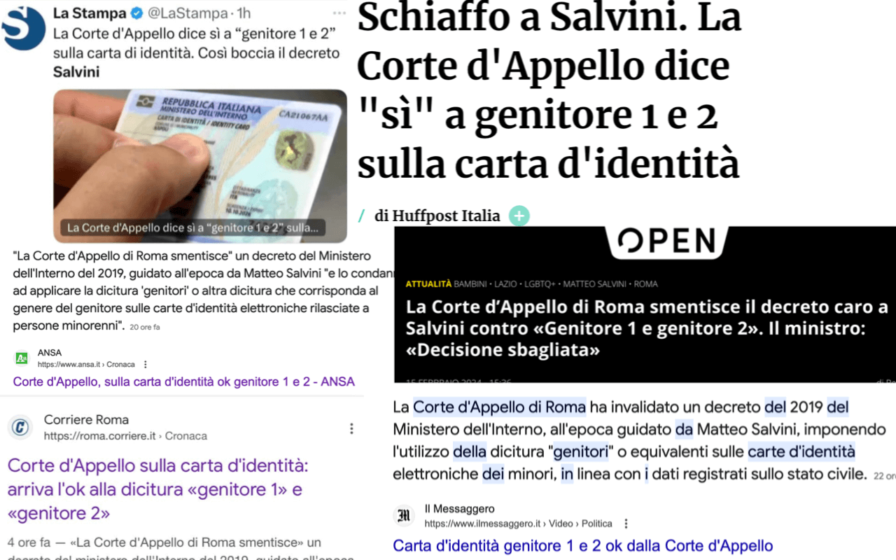 Perché la stampa italiana continua ad alimentare la fake news "genitore 1 e 2", dicitura mai esistita? - Prime Pagine Corte dAppello - Gay.it