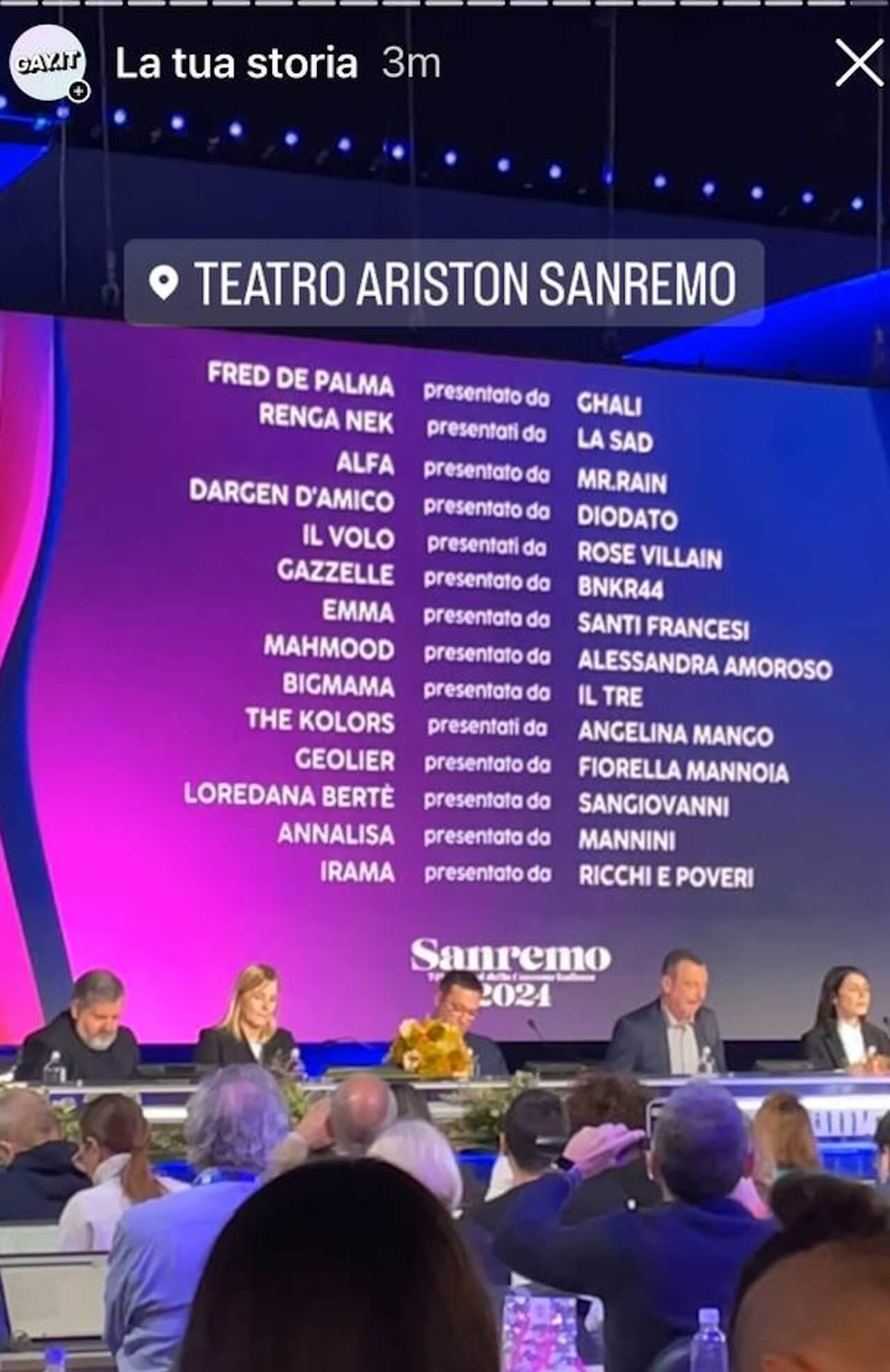 Sanremo 2024, 2a serata. Ecco l'ordine d'uscita dei 15 BIG in gara stasera con Giorgia co-conduttrice - Sanremo Scaletta 2a serata - Gay.it
