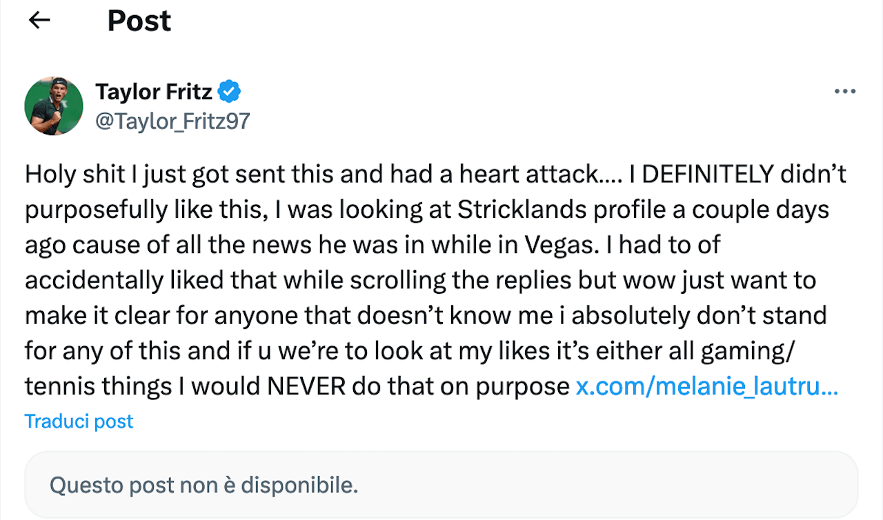 Taylor Fritz, accuse di omofobia social. Cosa è successo e la replica del tennista - Taylor Fritz tweet - Gay.it