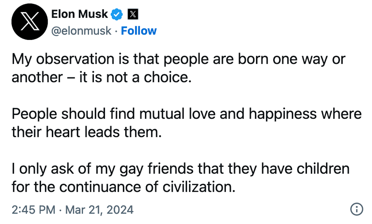 Elon Musk: "Chiedo ai gay di avere figli per il proseguimento della civiltà". Per la gioia di Meloni e Salvini - Elon Musk 1 - Gay.it