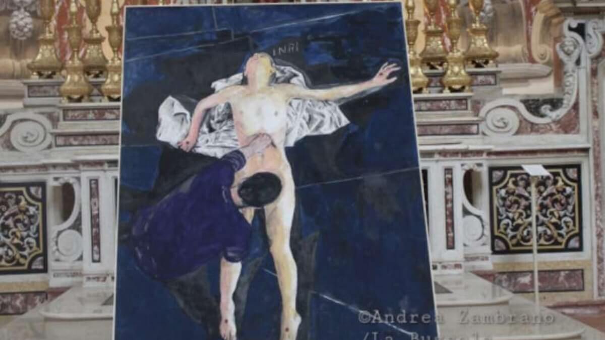 Carpi, bufera tra cattolici per un quadro che ritrae un uomo chinato sulle parti intime di Gesù