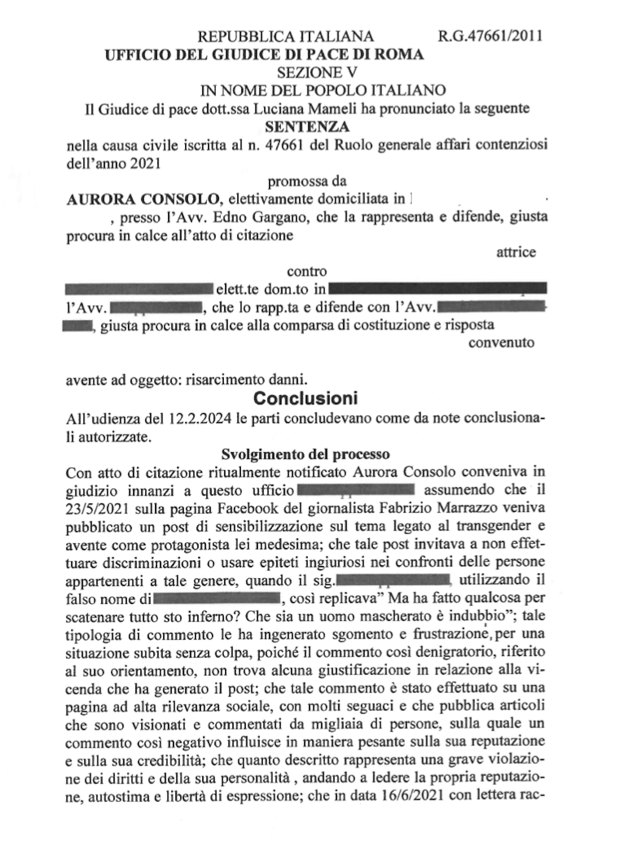 Insulti transfobici su Facebook nei confronti di Aurora Consolo, hater condannato a 1.800 euro di risarcimento - GdP Roma Sentenza n. 3383 2024 1 - Gay.it