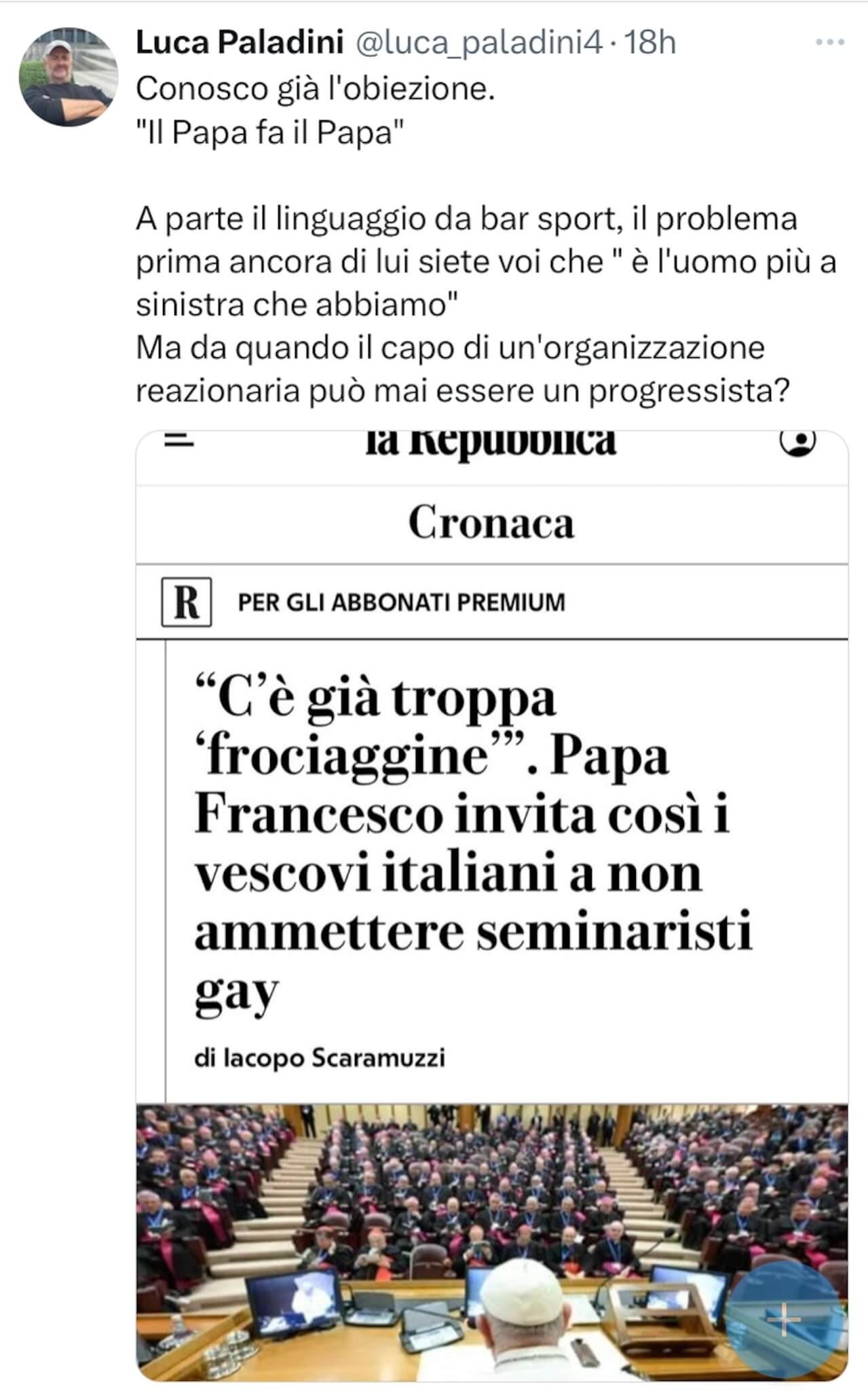 Papa Francesco e l'attacco ai seminaristi gay, le reazioni della comunità LGBTQIA+ italiana - Luca Paladini - Gay.it