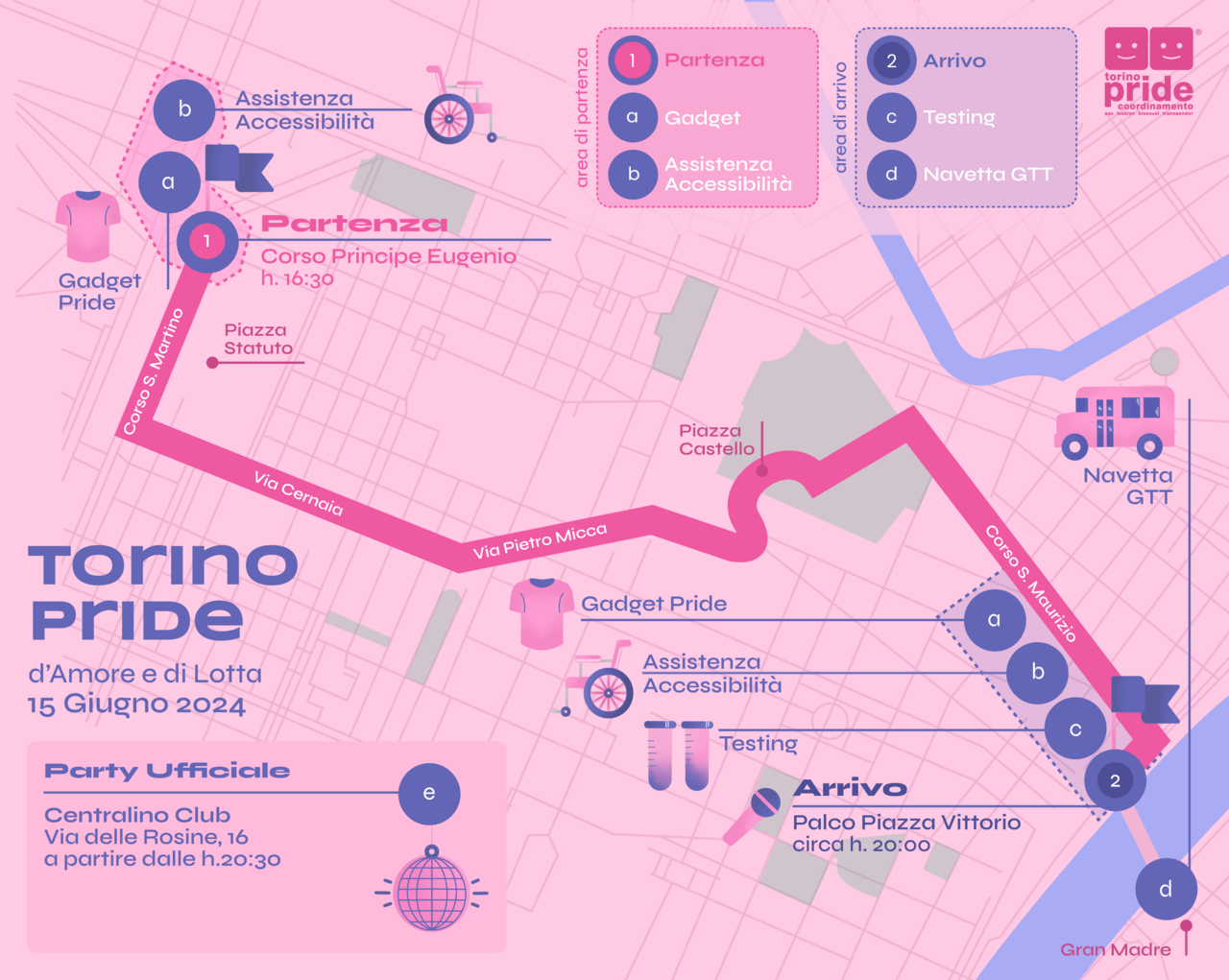 mappa torino pride 2024, parata torino pride, itinerario e orari