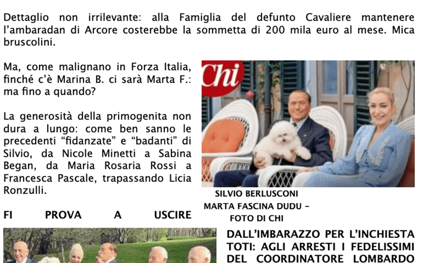 Screenshot dell'articolo di Dagospia sulla vicenda Fascina e Forza Italia