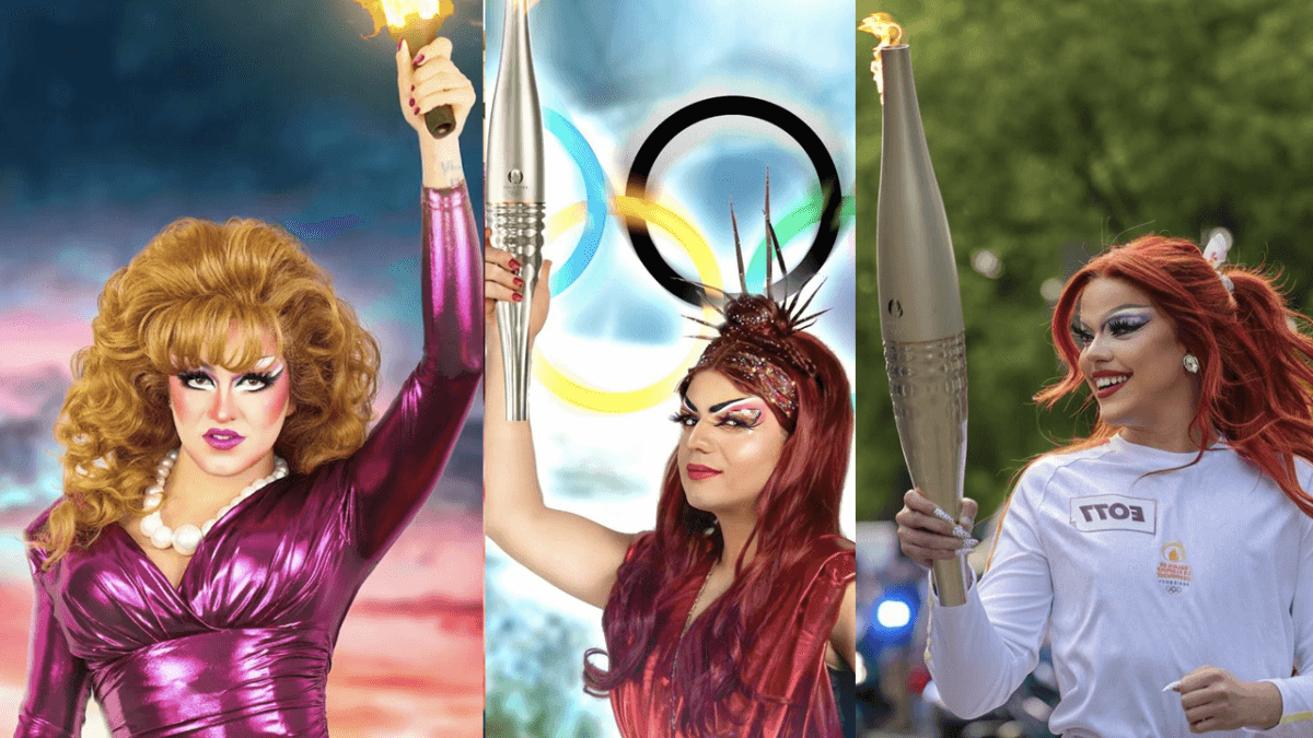 Parigi 2024, le drag queen Minima Gesté, Miss Martini e Nicky Doll sfilano con la torcia olimpica