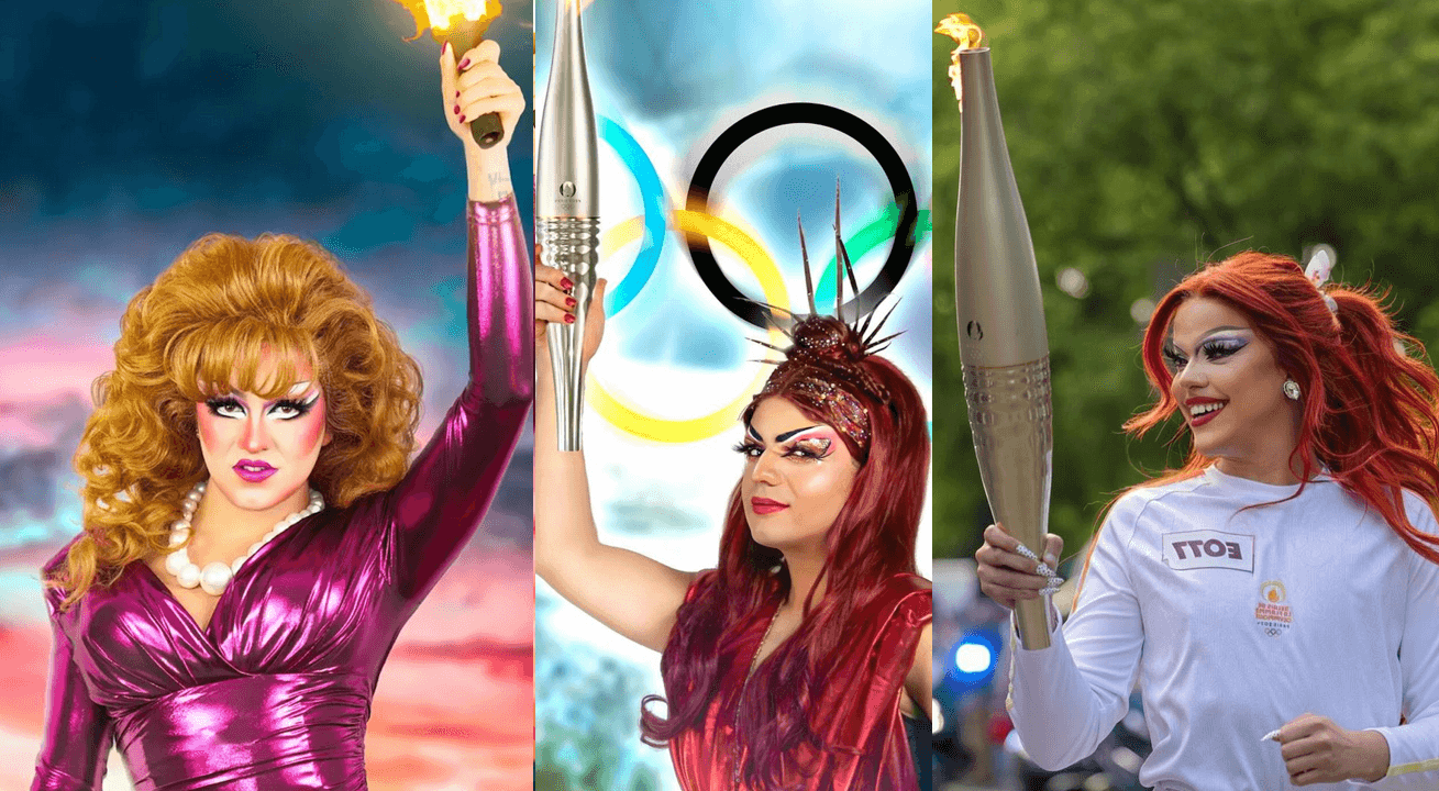 Parigi 2024, le drag queen Minima Gesté, Miss Martini e Nicky Doll sfilano con la torcia olimpica