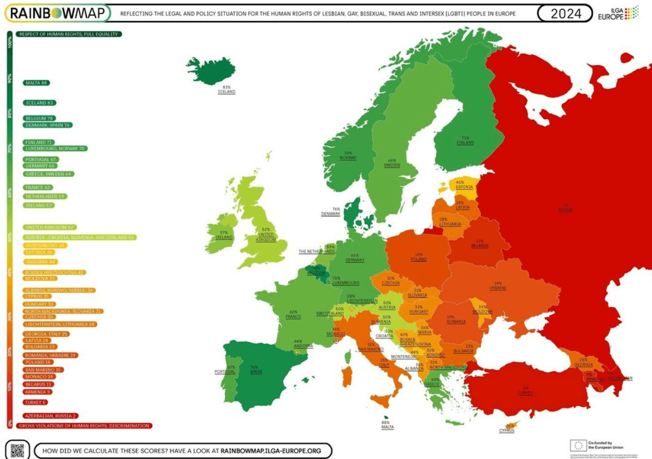 Rainbow Map 2024, l'Italia crolla al 36° posto su 49 Paesi per uguaglianza e tutela delle persone LGBT - Rainbow Map 2024 cartina - Gay.it