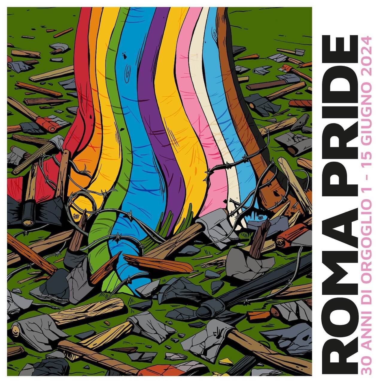 "30 anni di Orgoglio", slogan e manifesto del Roma Pride 2024 realizzato dall'artista SakoAsko - Roma Pride 2024 - Gay.it